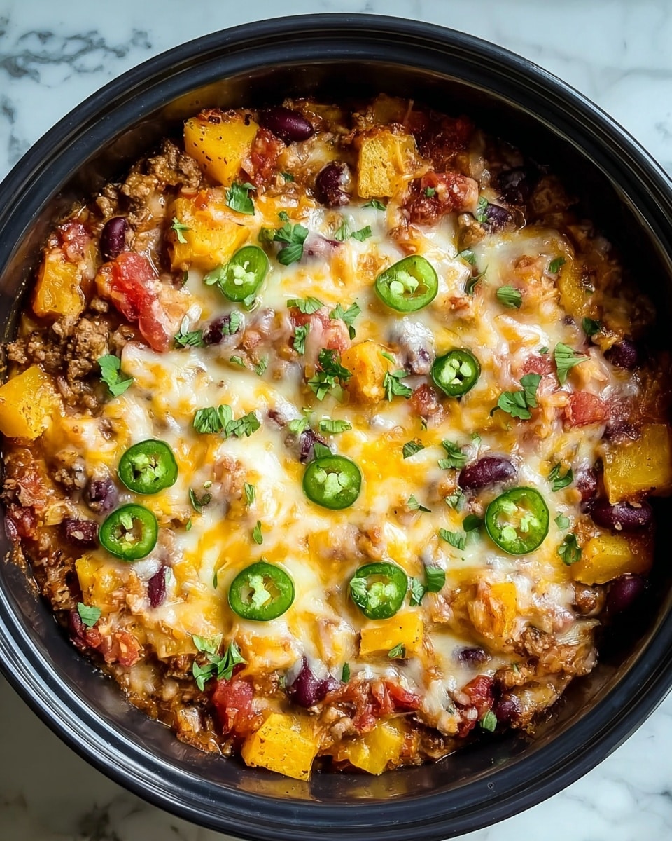 The dish is a layered casserole in a black pot, showing a rich mix of melted cheese, golden-yellow cubed squash, dark red kidney beans, and browned ground meat. The top layer is a creamy blend of shredded white and orange cheese melted smoothly with slight bubbling. Scattered on top are fresh green jalapeño slices and small bits of chopped cilantro, adding a burst of color. The layers beneath reveal a mix of chunky red tomatoes and beans in a thick sauce with hints of seasoning throughout. The pot sits against a white marbled surface. photo taken with an iphone --ar 4:5 --v 7