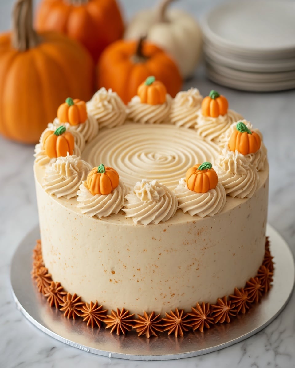The image shows a three-layer cake covered in smooth light beige frosting with small crumb textures visible. Around the base, there is a row of dark orange star-shaped frosting swirls. On top, there are a dozen piped light beige frosting swirls arranged in a circle near the edge, each topped with a small detailed orange pumpkin decoration with green stems. The top center has a smooth spiral swirl pattern in the same light beige frosting. The cake sits on a silver board and a white plate with a white marbled texture surface around it. In the blurry background, there are three decorative orange pumpkins. Photo taken with an iphone --ar 4:5 --v 7