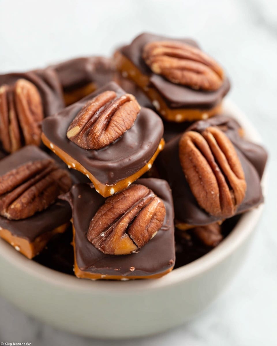 The image shows a bowl filled with multiple small treats, each consisting of three layers. The bottom layer is a shiny, golden-brown pretzel square with a smooth texture. On top of the pretzel is a thick, round layer of melted milk chocolate, which covers most of the pretzel’s surface. The top layer is a whole pecan half, dark brown with a wrinkled texture, placed in the center of the chocolate. The bowl holding the treats is white with a slightly rough texture, and it sits on a white marbled surface. Some of the treats are scattered around the bowl as well. photo taken with an iphone --ar 4:5 --v 7