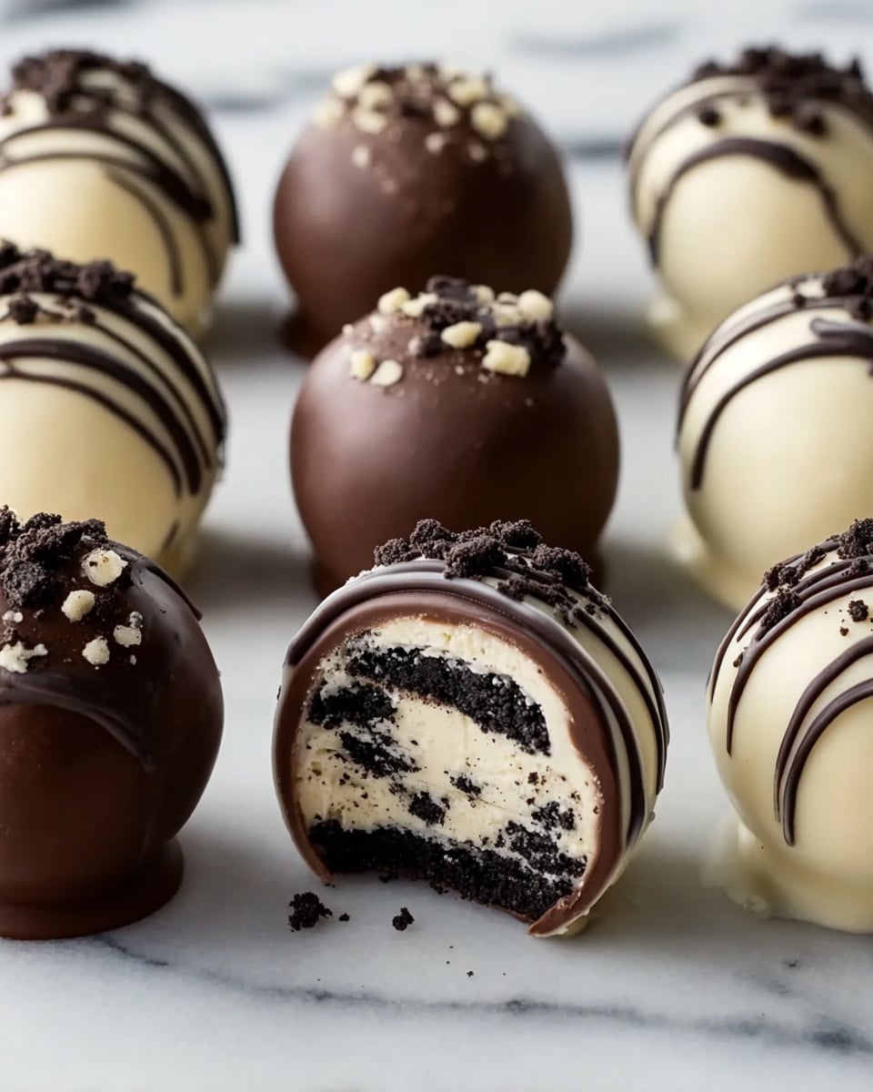 The image shows round dessert balls arranged in two rows on a white marbled surface. The first row features a ball with a smooth dark brown chocolate shell, topped with small cookie crumbs. Next to it is a similar ball with a bite taken out, revealing three layers inside: a dark chocolate crumb base, a creamy white filling with black cookie bits mixed in, and the glossy dark chocolate outer shell. The second row presents balls coated in white chocolate with thin dark chocolate stripes drizzled across, each topped with the same small dark cookie crumbs. The overall texture contrasts the smooth shells with the crumbly toppings and creamy fillings. photo taken with an iphone --ar 4:5 --v 7