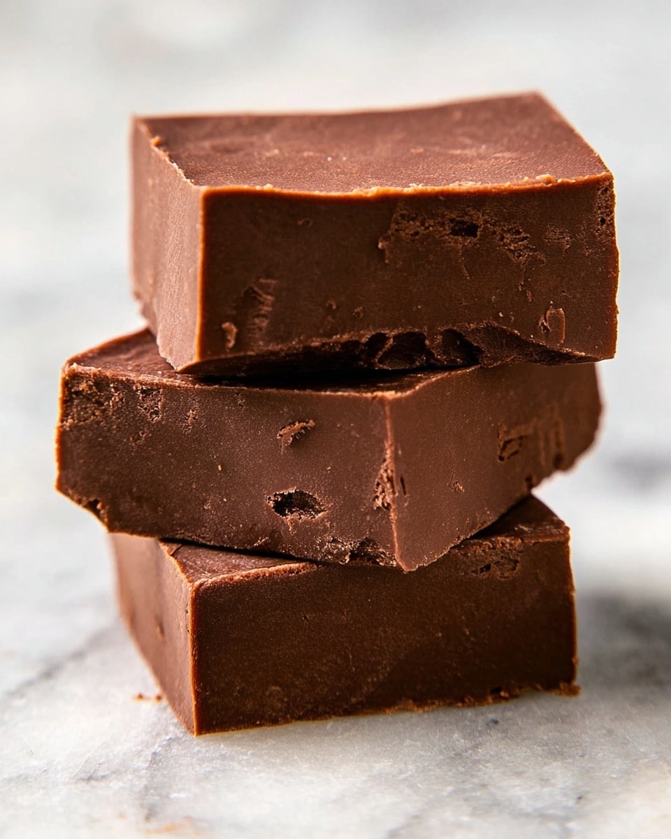 The image shows a stack of three thick, square pieces of smooth chocolate fudge. Each piece is dense and rich in texture with a matte finish and a few small cracks and holes on the surface, emphasizing the fudge’s creamy but firm consistency. The bottom piece forms a solid base while the middle piece is perfectly aligned on it, and the top piece is slightly tilted at an angle to the left. The fudge has a deep, dark brown color. The stack rests on a white marbled surface, with soft natural light highlighting the subtle textures of the chocolate. photo taken with an iphone --ar 4:5 --v 7