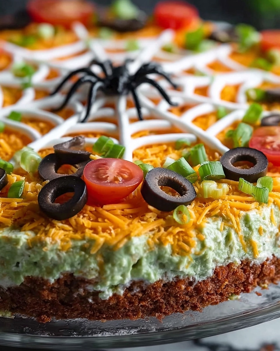 A close-up view of a layered dip displayed on a white marbled surface, with a crispy brown base layer topped by a thick, light green guacamole layer, sprinkled with bright orange shredded cheddar cheese. On top of the cheese are scattered black olive slices and small diced red tomatoes, with chopped green onions adding a fresh touch. A spider web pattern made with white sour cream stretches across the dip, accented by a black plastic spider sitting in the center. The dip is presented on a clear glass plate. photo taken with an iphone --ar 4:5 --v 7