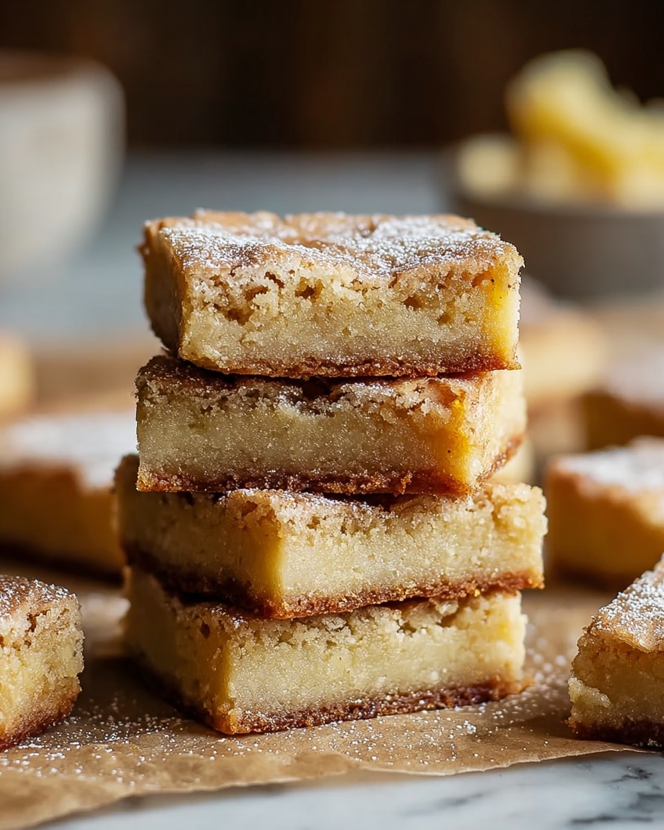 The image shows a stack of four square blondie bars with a crumbly golden-brown top layer dusted lightly with powdered sugar, sitting on a sheet of parchment paper over a white marbled surface. Each blondie bar has a slightly crispy textured top layer and a moist, dense, pale yellow interior. The edges of the bars are slightly browned and the pieces look thick and soft. In the blurred background, there are more blondie bars. photo taken with an iphone --ar 4:5 --v 7
