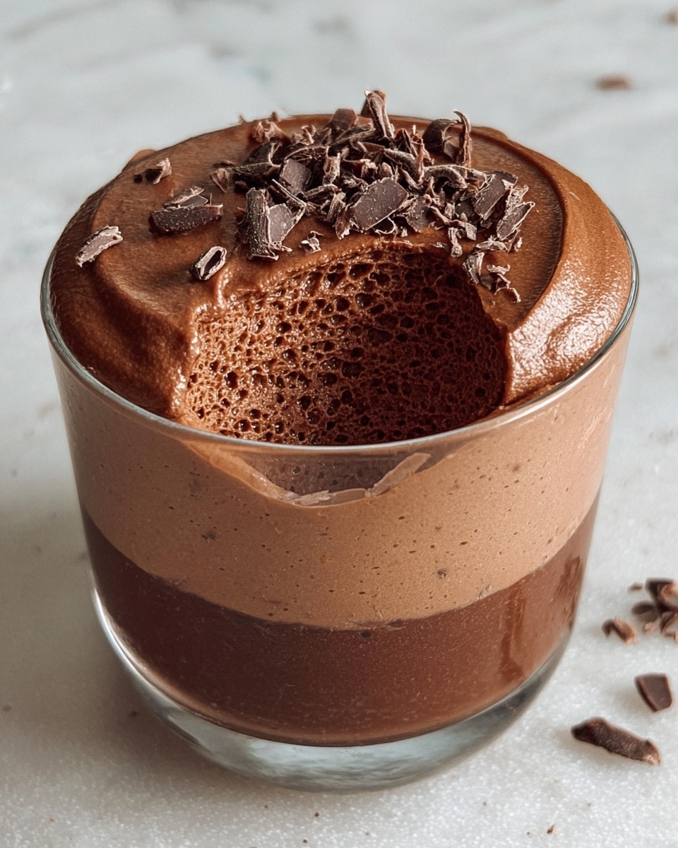 The image shows a single glass filled with three layers of smooth and creamy chocolate mousse. The bottom layer is a darker, thicker chocolate base, the middle layer is a lighter chocolate mousse, and the top layer is a fluffy chocolate mousse with visible air bubbles and a bite taken out, revealing the airy texture inside. Small chocolate shavings are scattered on the top surface and around the glass on a white marbled texture. photo taken with an iphone --ar 4:5 --v 7