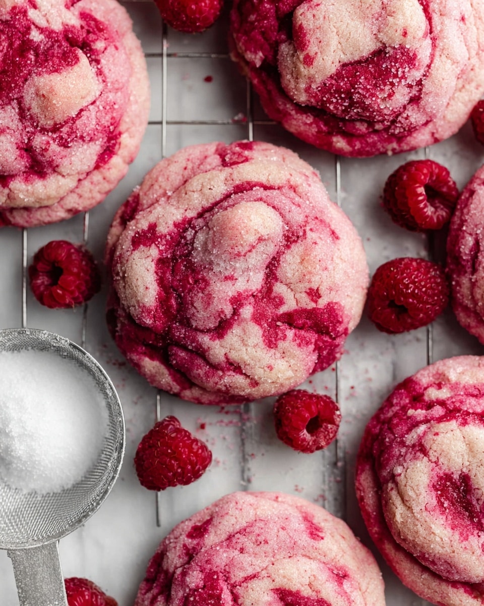 The image shows several soft, round pink cookies with deep red swirls throughout, giving a marbled effect. Each cookie has a slightly rough and sugary texture on the surface. The cookies are placed on a white marbled surface with a cooling rack partially visible beneath some of them. Scattered around the cookies are small frozen red raspberries, adding small seedy textures and pops of deep red color. A white measuring cup filled with granulated sugar is visible in the bottom left corner, enhancing the homemade feel of the setting. photo taken with an iphone --ar 4:5 --v 7