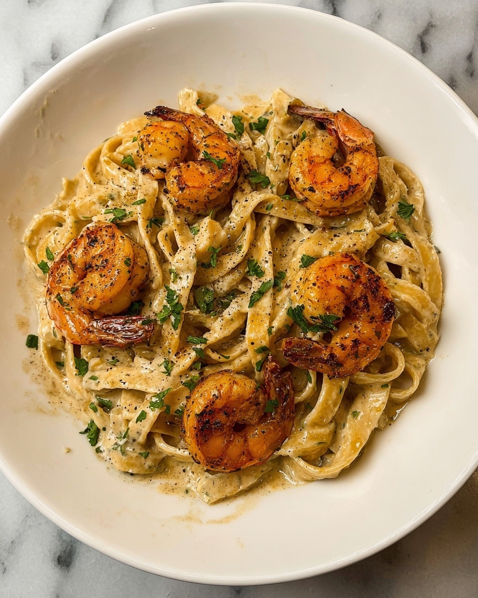 A white plate holds a creamy pasta dish with thick, flat noodles coated in a light beige sauce speckled with green herbs and black pepper. On top of the pasta, five golden-brown cooked shrimp are arranged in a circle, each garnished with small pieces of fresh green parsley. The shrimp have a slight char and a rich orange color with darker edges. The plate sits on a white marbled surface. Photo taken with an iphone --ar 4:5 --v 7