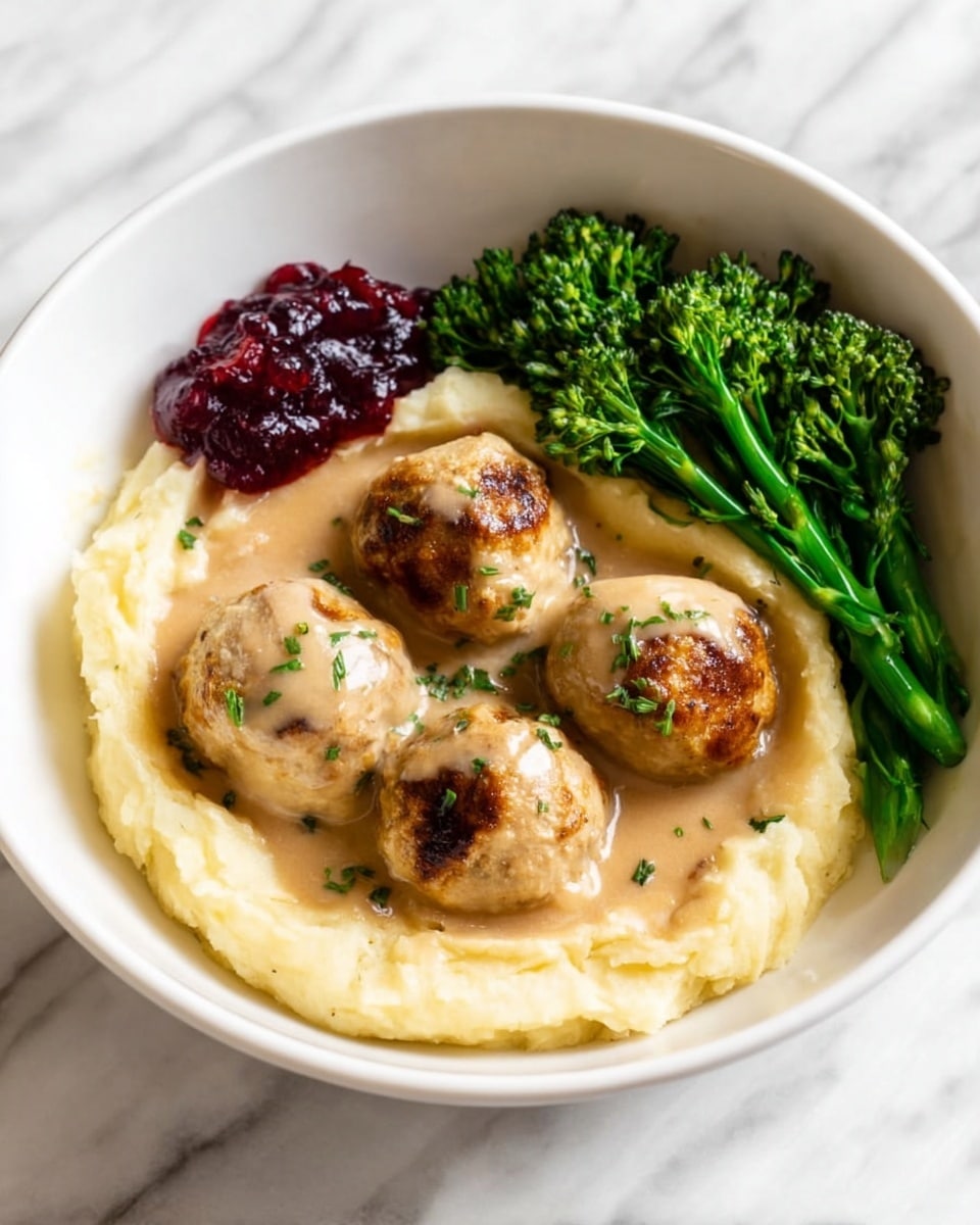 A white bowl contains a meal with three main layers: a smooth, creamy layer of light beige mashed potatoes spread around the edge, five golden-brown meatballs covered in a light tan creamy sauce placed centrally, and a small portion of bright green steamed broccolini on the right side. There is also a small scoop of dark red cranberry sauce on the left edge next to the mashed potatoes. The meatballs are garnished with tiny bits of green herbs. The bowl sits on a white marbled surface. photo taken with an iphone --ar 4:5 --v 7