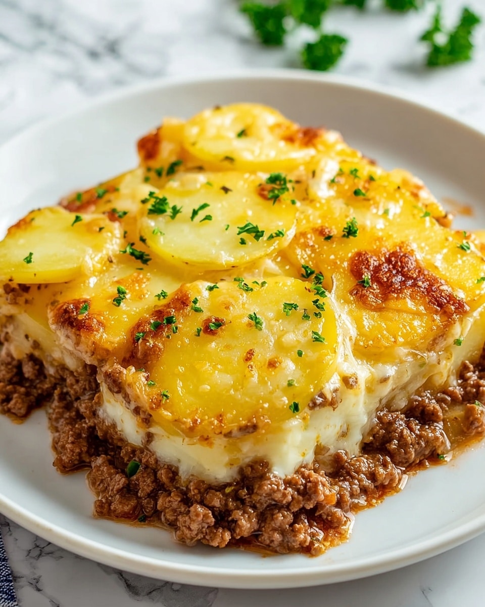 This dish is a layered casserole served on a white plate, placed on a white marbled surface. The bottom layer consists of cooked ground beef, brown and crumbly, forming the base. Above the meat is a layer of thin, round, pale yellow potato slices that are slightly soft and partially visible. The top layer is a mix of melted cheeses with a golden yellow and white color, bubbly and slightly browned in spots. Small chopped green herbs are sprinkled on top, adding a touch of freshness and color contrast. photo taken with an iphone --ar 4:5 --v 7