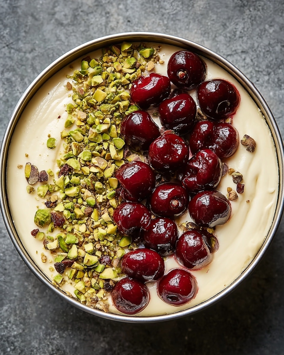 A round dessert in a silver tin shows two main layers on top: a smooth, creamy white base layer, topped with a half-and-half decoration; one side has a pile of chopped green pistachios with brown edges, and the other side is covered with shiny, whole dark red cherries that look juicy and fresh, all on a creamy white marbled surface background. photo taken with an iphone --ar 4:5 --v 7