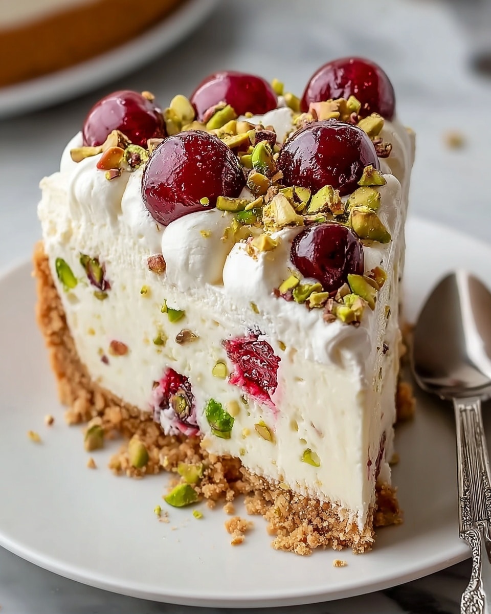 A close-up of a slice of cheesecake on a white plate, showing three layers: a crumbly golden brown crust at the bottom, a thick creamy white cheesecake layer with green pistachios and red cherries inside, and a top layer of white whipped cream decorated with whole shiny red cherries, green pistachios, and light brown crumbs. The cheesecake is set on a white marbled surface with a silver spoon beside the plate. photo taken with an iphone --ar 4:5 --v 7