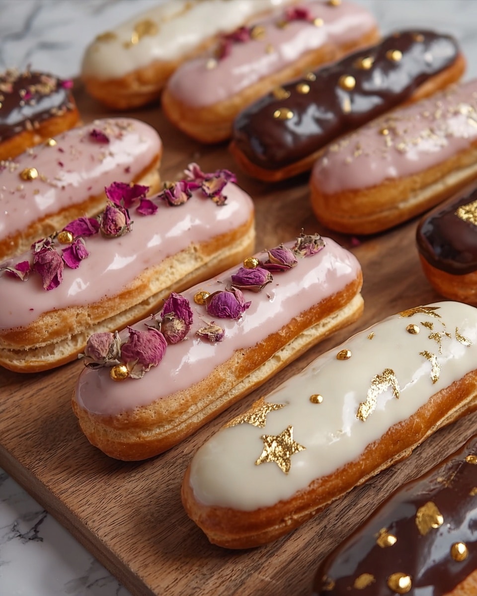 The image shows a variety of éclairs laid out on a wooden board over a white marbled surface. Each éclair has a golden-brown base with a smooth, glossy icing layer on top. There are three main icing colors: pale pink decorated with dried rose petals and small gold flakes, dark chocolate brown topped with tiny gold balls and dried rose petals, and off-white iced éclairs adorned with gold leaf flakes and small star shapes. The éclairs are arranged in rows, highlighting the contrast between their smooth, shiny toppings and the soft, textured pastry beneath. photo taken with an iphone --ar 4:5 --v 7