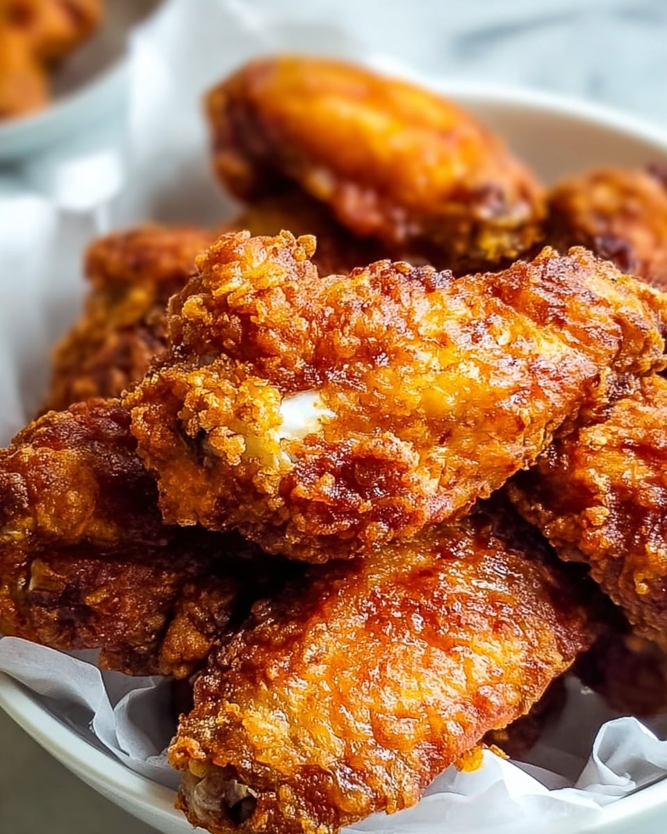 The image shows a close-up view of several pieces of fried chicken wings stacked on top of each other in a white bowl lined with white paper. Each chicken wing has a golden-brown, crispy skin with a shiny, crunchy texture, showing slight variations in color from light orange to darker brown areas. The wings are arranged in a way that the tops appear cracked and bubbly, revealing some white bone sections at the bottom edges. In the blurred background, parts of more chicken wings are visible, and the whole scene is set against a white marbled surface. Photo taken with an iphone --ar 4:5 --v 7