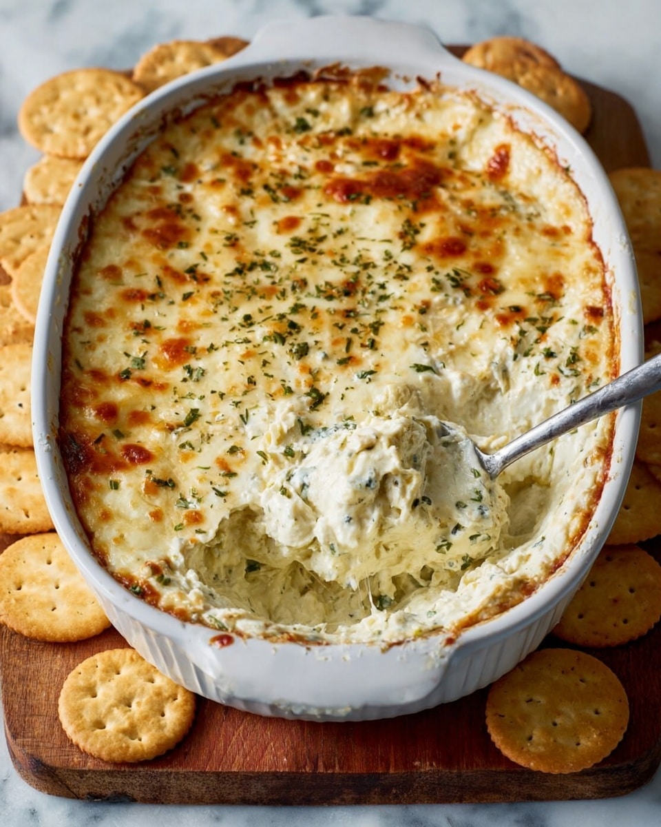 The image shows a white baking dish filled with a creamy baked dip that has a golden-brown bubbly surface, topped with green herbs sprinkled evenly across the top. The dip has a thick, smooth texture with visible layers of melted cheese and cream beneath the slightly browned top. A metal spoon is partially inside the dish, scooping out a portion of the creamy filling, revealing a lighter, softer interior layer. The dish is placed on a wooden board surrounded by round, light brown crackers, all set on a white marbled surface. photo taken with an iphone --ar 4:5 --v 7