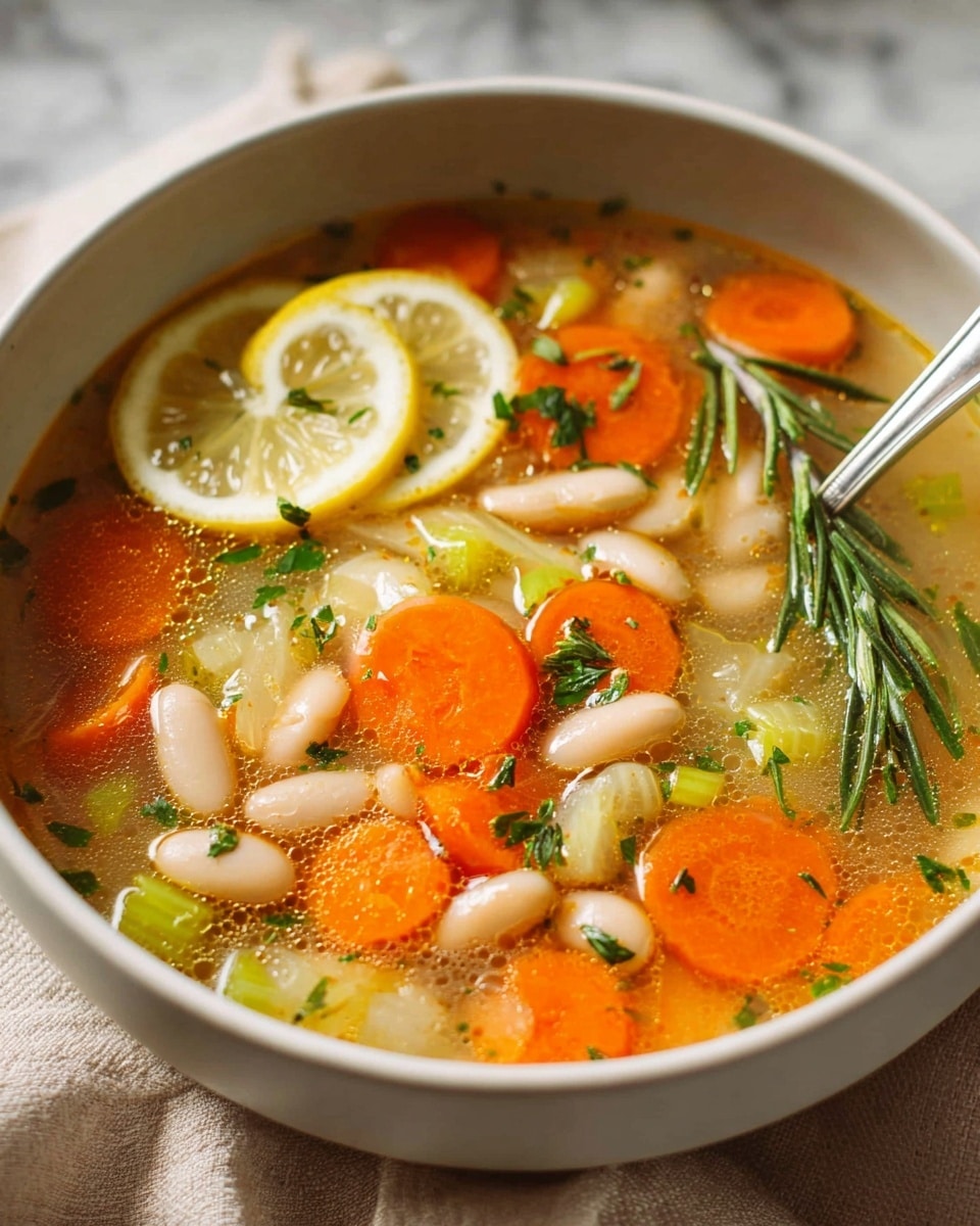 A close-up of a bowl of vegetable soup showing a clear broth filled with bright orange carrot slices, white beans, and small light green celery pieces. Chopped green herbs are scattered throughout the soup, adding a fresh touch. A slice of lemon sits on the surface near a silver spoon inside the white bowl. A sprig of rosemary also floats among the ingredients, and tiny bubbles shine on the broth’s surface. The bowl rests on a soft beige cloth, with a white marbled texture in the background. photo taken with an iphone --ar 4:5 --v 7