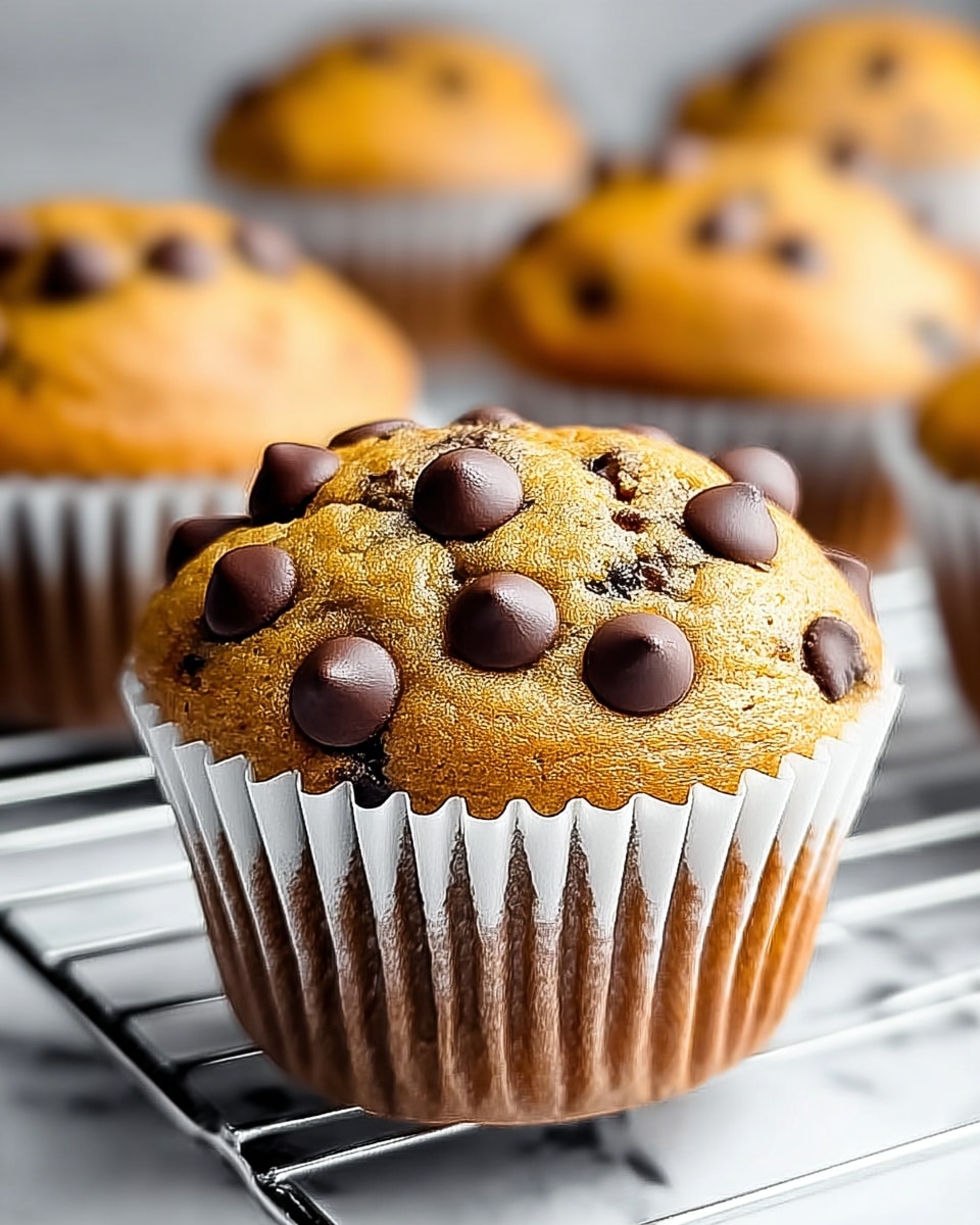 The image shows a close-up of a chocolate chip muffin with a golden-brown top, dotted with several large, smooth, dark chocolate chips on the surface. The muffin has a slightly domed shape and is wrapped in a white paper liner with vertical folds. In the background, there are blurred similar muffins, giving depth to the image. The muffins are sitting on a cooling rack placed on a white marbled surface. The lighting highlights the texture of the muffin, making it look moist and soft. photo taken with an iphone --ar 4:5 --v 7