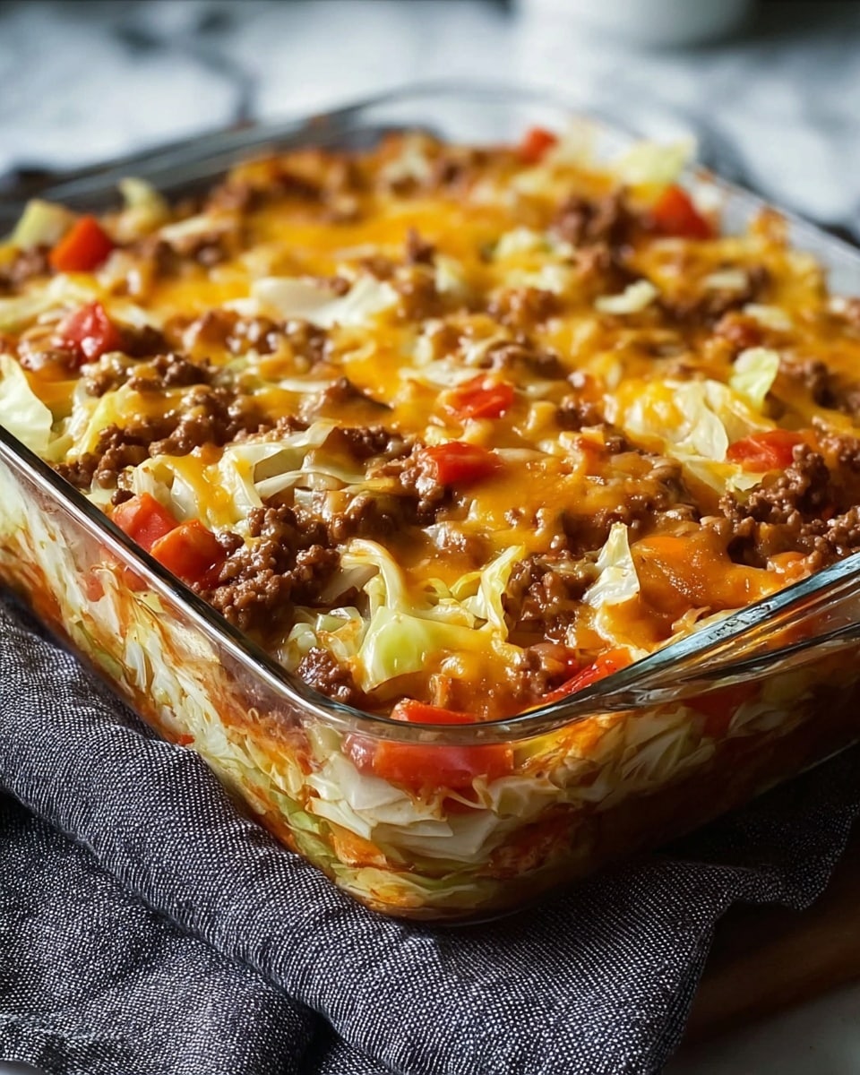 A glass baking dish filled with a layered casserole, showing a bottom layer of cooked ground beef mixed with soft cooked onions that are pale yellow with translucent edges, followed by a thick layer of chopped cooked cabbage with light green and white pieces, then topped with more cooked ground beef and diced orange-red bell peppers. The top layer is covered with melted cheese that is golden and creamy, slightly bubbling over the colorful mixture below. The dish rests on a folded dark grey cloth on a white marbled surface. photo taken with an iphone --ar 4:5 --v 7