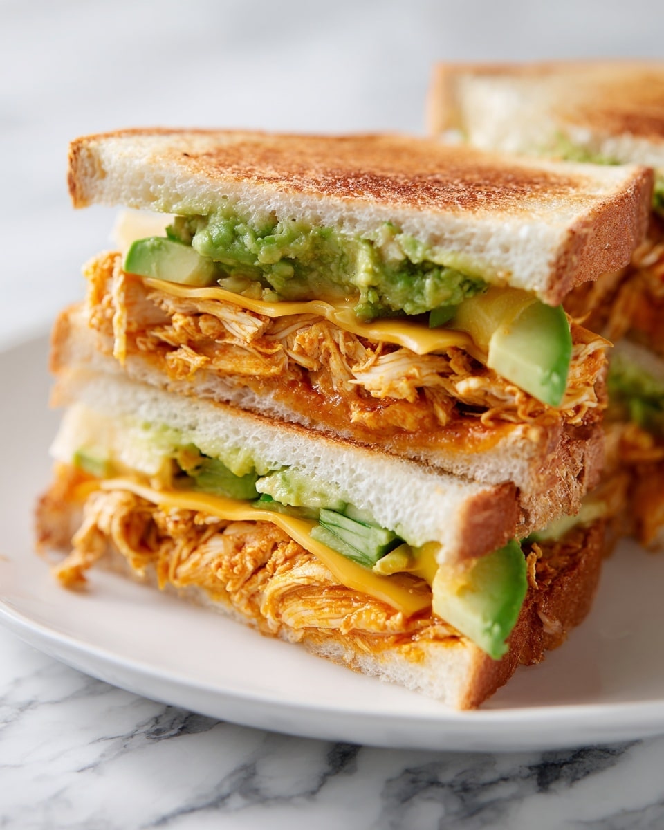 The image shows a close-up of a sandwich cut into halves and stacked. The sandwich has three main layers of soft, slightly toasted white bread with a golden-brown crust. Inside, there is shredded, saucy orange chicken placed on the bottom and middle bread layers. Above the chicken in each layer, there is bright green avocado spread with a creamy texture. Scattered thin slices of light yellow melted cheese and some green vegetables add extra texture and color. The sandwich is served on a white plate, placed on a white marbled surface. photo taken with an iphone --ar 4:5 --v 7