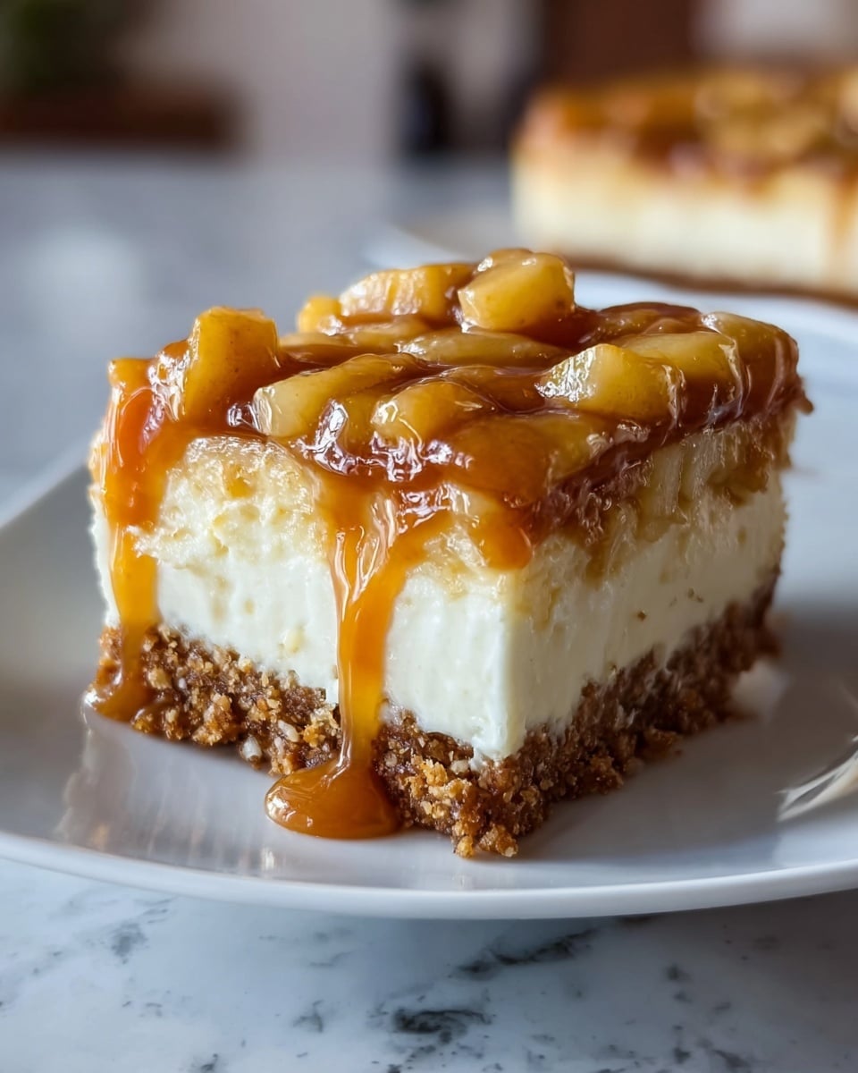 A close-up of a slice of layered dessert on a white plate shows three distinct layers: the bottom layer is a crumbly brown crust with a coarse texture, the middle layer is thick and creamy white cheesecake, and the top layer is a glossy mix of small, golden-brown cooked apple pieces covered in rich amber caramel sauce that drips slightly down the sides. The background has a soft focus with a white marbled texture surface below the plate. Photo taken with an iphone --ar 4:5 --v 7