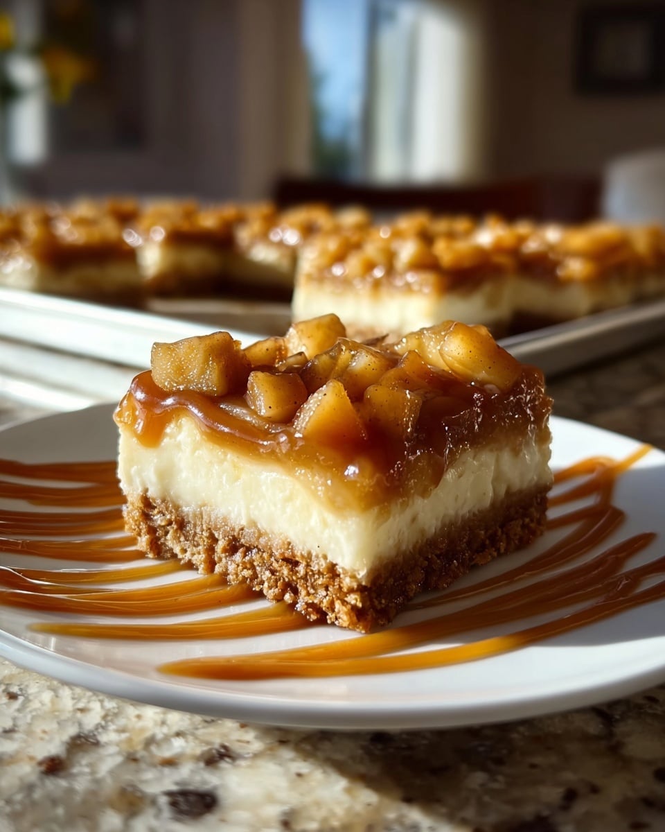 A close-up of a square slice of dessert with three visible layers on a white plate, the bottom layer is a crumbly, light brown crust, the middle layer is thick and creamy white, and the top layer has small, caramelized apple chunks covered in a shiny, rich caramel sauce that drips slightly down the sides, with extra caramel swirled decoratively on the plate. In the blurred background, more slices of the same dessert are visible on a tray, all placed on a surface with a white marbled texture. The warm light shines naturally on the dessert, highlighting its glossy textures. photo taken with an iphone --ar 4:5 --v 7