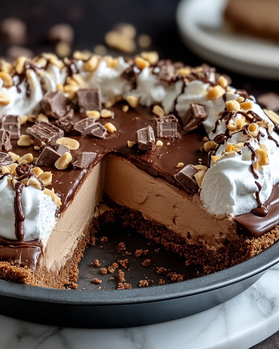 The image shows a multi-layered chocolate cream pie with a crumbly brown crust at the bottom and sides. Above the crust is a thick, smooth light brown chocolate mousse layer. On top of this is a shiny dark chocolate ganache layer, sprinkled with chopped chocolate pieces. Around the edge of the pie is a ring of white whipped cream topped with chopped peanuts and thin drizzles of dark chocolate. The pie is in a dark pie tin on a white marbled surface, with a slice removed showing the layers inside. Photo taken with an iphone --ar 4:5 --v 7