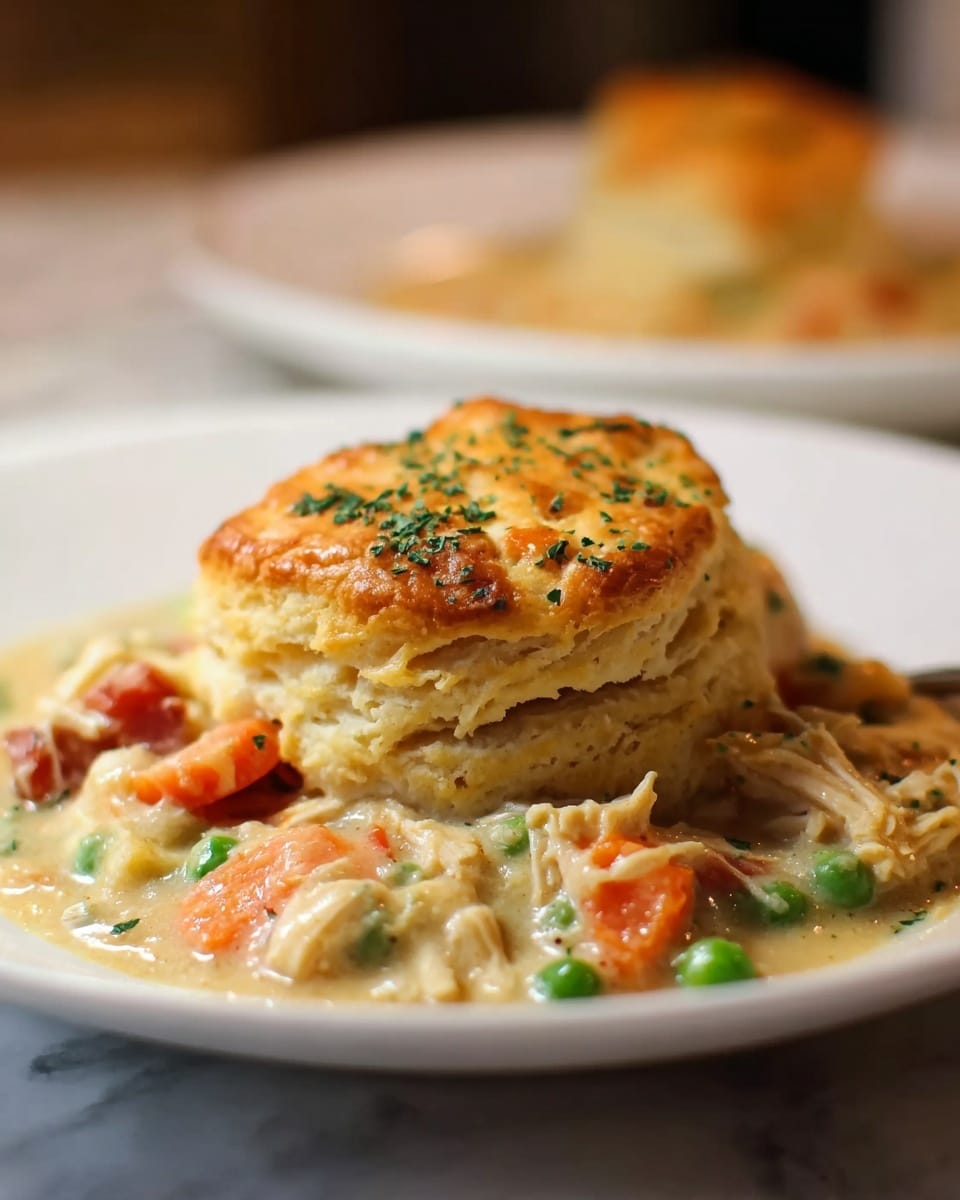 A white plate holds a large, golden brown biscuit on top, sprinkled with small green herb pieces. Underneath and around the biscuit lies a creamy mixture with visible chunks of shredded chicken, bright orange carrot slices, and green peas, all coated in a thick, pale sauce. The biscuit’s layers are soft and flaky, showing some light cabinet-like cracks, contrasting with the smooth, hearty stew beneath. The background shows another biscuit on a white plate, softly blurred, with a white marbled texture surface below everything. photo taken with an iphone --ar 4:5 --v 7