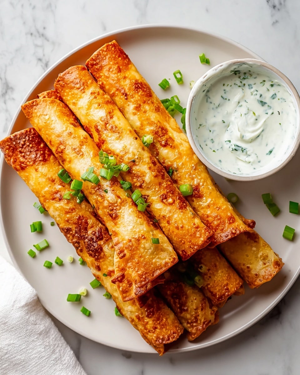 The image shows five golden-brown crispy rolled tacos stacked in two uneven rows on a white plate; the tacos have a crunchy texture with some darker brown spots and are topped with small pieces of green onion scattered on top and around them. On the right side of the plate, there is a small round white bowl filled with creamy white sauce with visible green herb pieces mixed in. The plate is placed on a white marbled surface, and a white cloth is partially visible at the bottom left corner. photo taken with an iphone --ar 4:5 --v 7