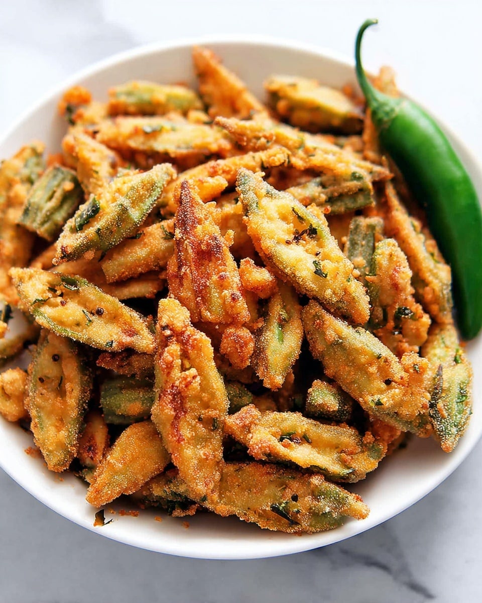A white round bowl is filled with one layer of golden brown fried green beans, each piece having a crispy, textured coating with visible flecks of seasoning. The green beans are long and thin with darker green edges showing through the light batter. The bowl sits on a white marbled surface with a white cloth napkin to the side, and part of a glass bowl of creamy yellow dipping sauce, a small white plate, and a green jalapeño pepper are visible around it. Photo taken with an iphone --ar 4:5 --v 7