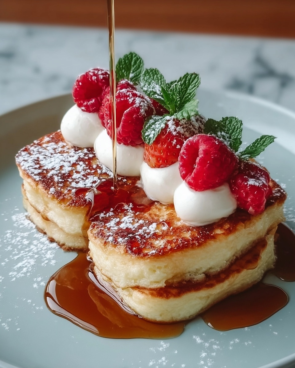 A plate with thick, golden brown French toast slices arranged closely in a square shape, soaked lightly in syrup that pools around the base. On top, there is a layer of smooth, creamy butter with ridges, crowned by a pile of fresh, bright red raspberries dusted with white powdered sugar. A small green leaf adds a touch of color on top of the berries. In the background, a white dish holds a single strawberry and a green leaf. The entire scene is set on a white marbled surface. photo taken with an iphone --ar 4:5 --v 7