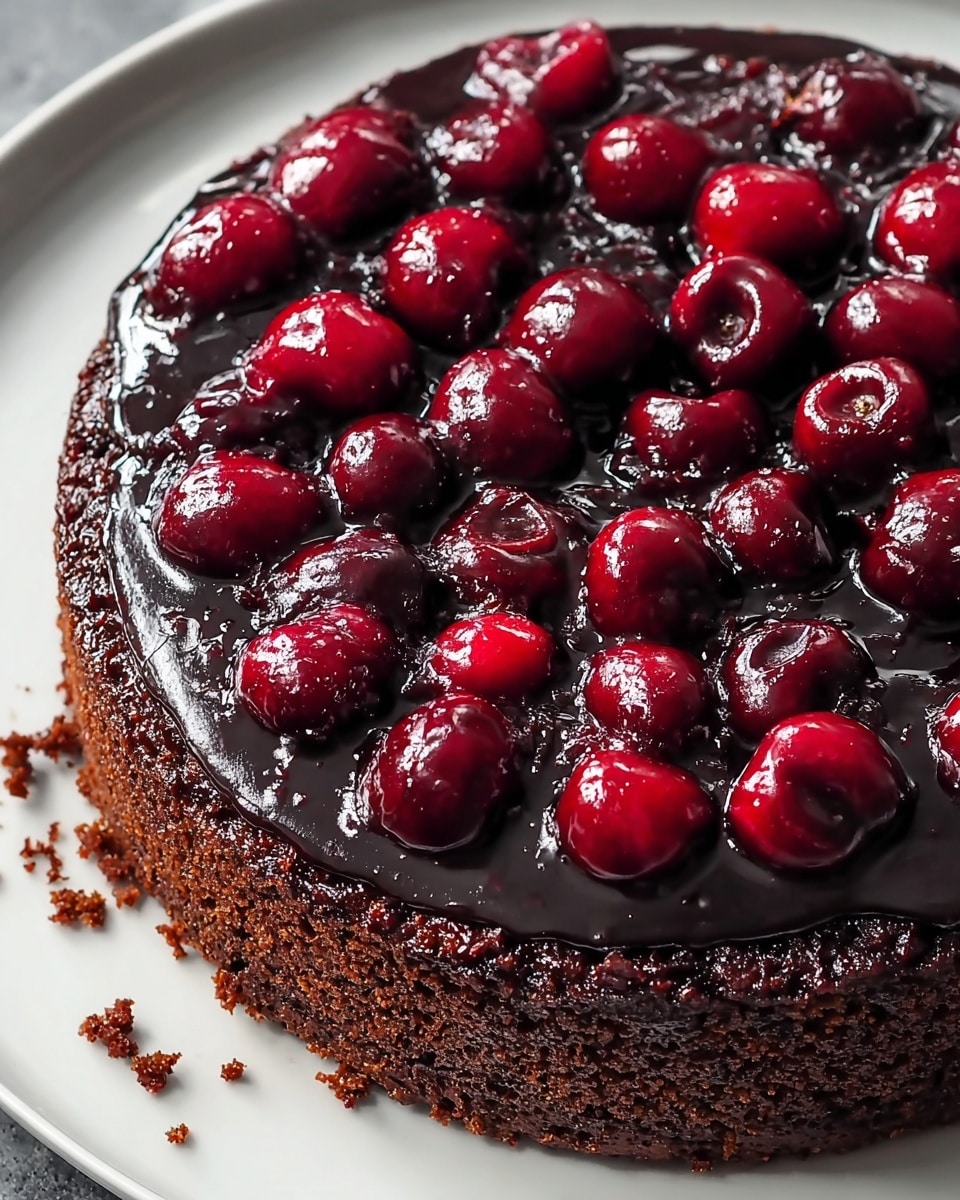 A single-layer round chocolate cake with a dark brown crumbly base topped with a glossy, thick layer of dark chocolate glaze. The glaze is studded generously with large, shiny, whole deep red cherries evenly spread across the surface. The cake sits on a white plate over a white marbled texture background, and there are a few cake crumbs scattered near the edge. photo taken with an iphone --ar 4:5 --v 7