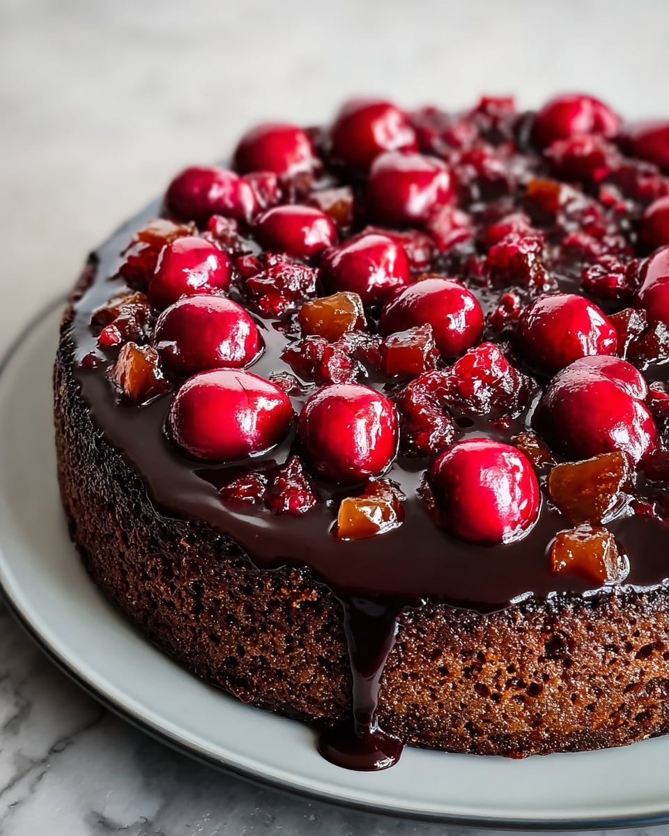 A single round dark brown chocolate cake sits on a white plate, topped with a layer of shiny dark red cherries and small pieces of amber-colored fruit covered in a thick glossy dark glaze. The cake's sides are textured and slightly crumbly, showing the rich chocolate inside. The glossy glaze drips down a little on the edges, and the cherries look plump and juicy, scattered unevenly across the top. The background is a white marbled texture, making the cake colors stand out clearly. Photo taken with an iphone --ar 4:5 --v 7