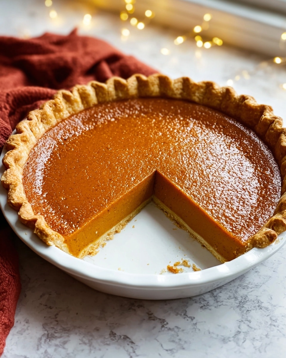 A pumpkin pie sits in a white pie dish on a white marbled texture surface, with one large slice removed to reveal the smooth, rich orange filling inside. The pie has a golden-brown crust with a crimped edge that rises slightly above the filling. The surface of the filling is glossy and evenly set with tiny texture details visible. A soft warm light highlights the pie, and a reddish-brown cloth is placed partially visible to the left side. Small yellow fairy lights are scattered around the pie for a cozy touch. Photo taken with an iphone --ar 4:5 --v 7