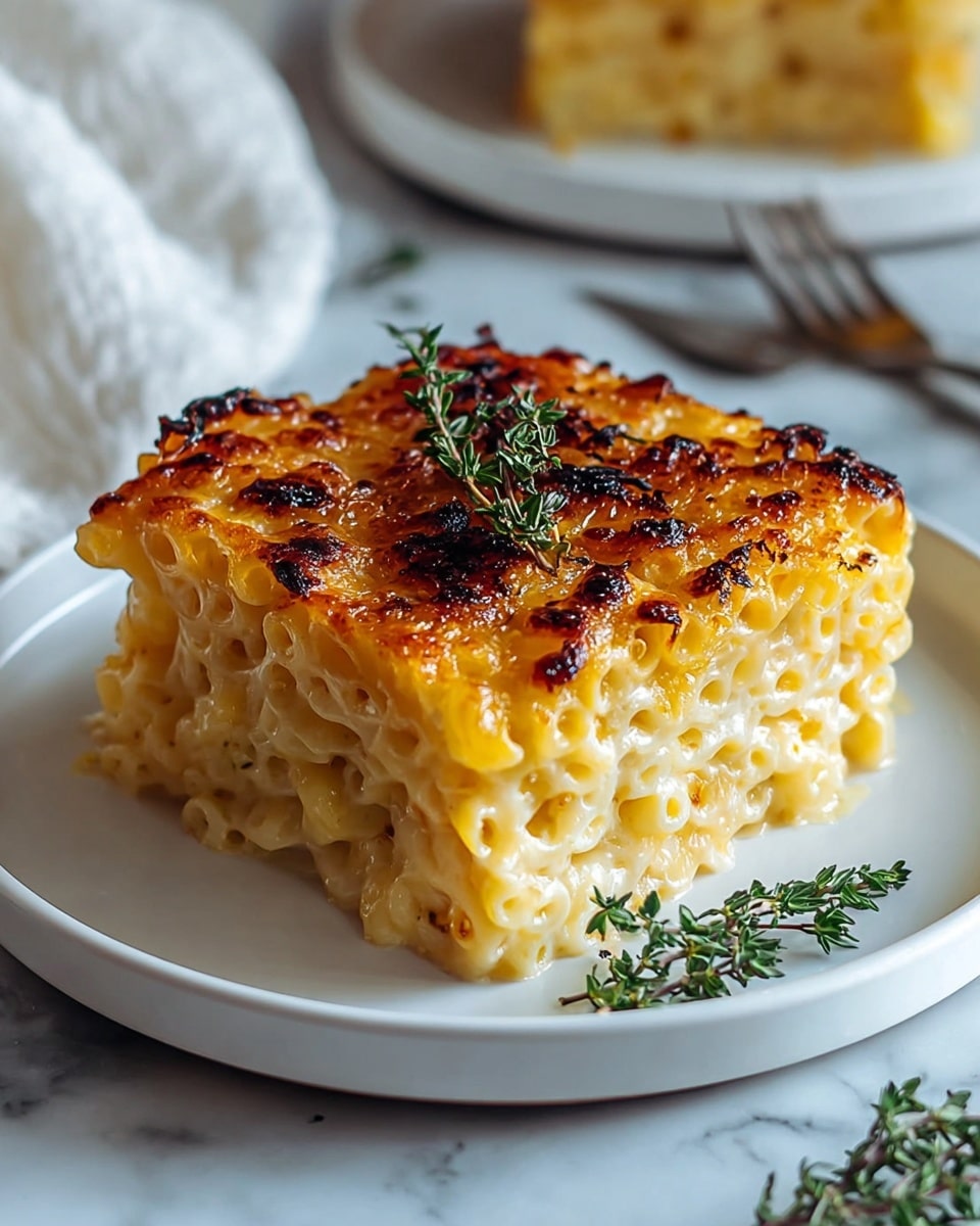 A square piece of baked macaroni and cheese sits on a white plate, showing two visible layers of creamy, pale yellow pasta mixed with melted cheese. The top layer is golden brown with crispy, slightly burnt spots that add texture, and a sprig of fresh green thyme rests on top for garnish. The plate is placed on a white marbled surface, with a blurred white cloth and fork in the background. photo taken with an iphone --ar 4:5 --v 7
