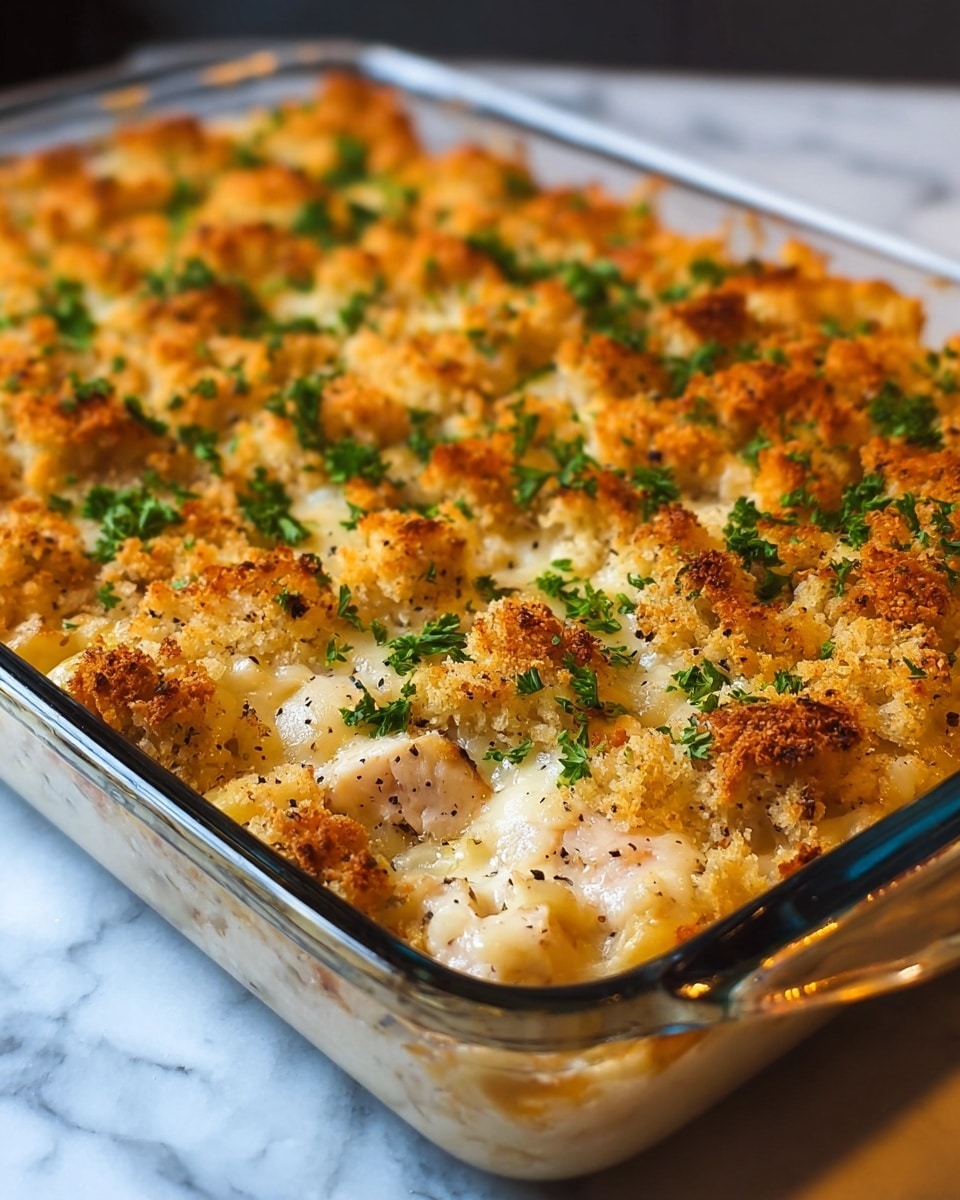 A white baking dish filled with a layered casserole showing thick slices of white cooked chicken breast, each topped with a golden-brown crumbly breadcrumb layer mixed with herbs, and drizzled with creamy white sauce. Green parsley bits are sprinkled on top, adding color contrast to the browned and creamy textures. The dish rests on a white marbled surface, with the chicken pieces arranged neatly in rows. photo taken with an iphone --ar 4:5 --v 7
