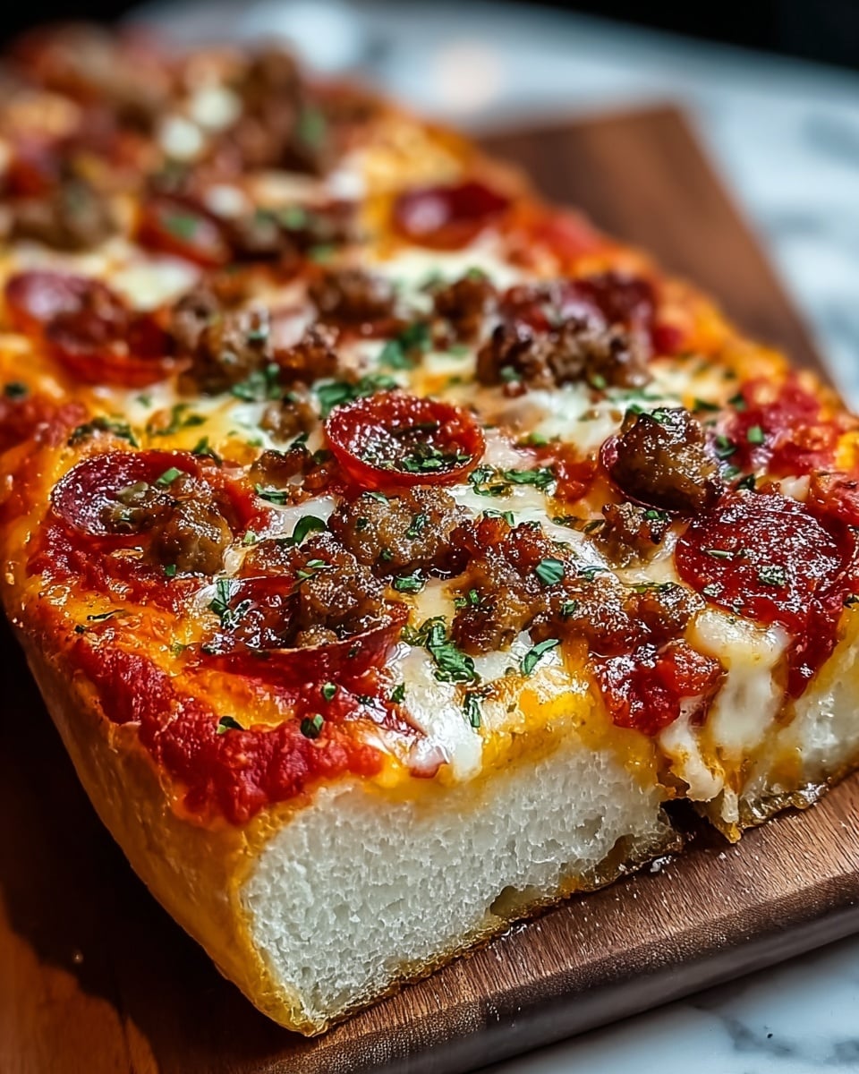 A thick slice of stuffed pizza shows multiple layers starting with a soft, airy light golden crust on the outside, followed by a layer of rich red tomato sauce with small chunks of ground meat spread evenly inside. Above this is a generous layer of melted, gooey cheese stretching out in long strands, topped with round, glossy pepperoni slices and extra bits of cooked ground meat. Small green herb leaves are scattered on top, adding a fresh color contrast. The pizza sits on a wooden board, with melted cheese dripping slightly over the edges and a few crumbs on the board. photo taken with an iphone --ar 4:5 --v 7
