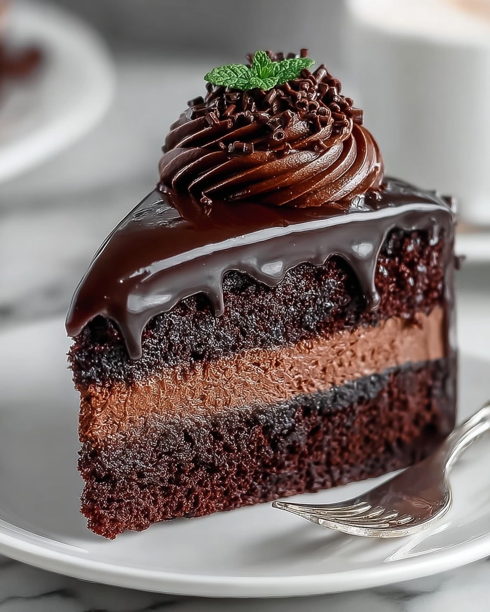 A slice of rich chocolate cake with three clear layers: a moist, dark chocolate cake layer at the bottom, a smooth, lighter chocolate mousse layer in the middle, and another dark chocolate cake layer on top. The whole slice is covered in shiny dark chocolate glaze that drips slightly down the sides. On top, there is a thick swirl of glossy chocolate frosting with small chocolate crumbs sprinkled over it and a small green mint leaf for decoration. The slice sits on a white plate with a silver fork placed next to it, all set against a white marbled texture background. photo taken with an iphone --ar 4:5 --v 7