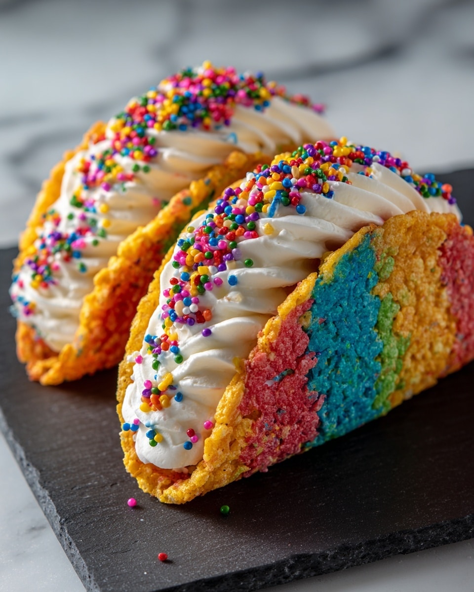 Two colorful tacos are shown, each with a shell made of bright, crunchy cereal pieces in red, yellow, blue, and green. Inside each shell is a smooth, thick layer of white cream filling, swirled in even layers that fit neatly in the taco shape. The cream is topped with a generous sprinkle of small, round, multicolored candy sprinkles that add extra color and texture on top. The tacos are placed on a dark slate board, against a soft blurred background, on a white marbled surface. photo taken with an iphone --ar 4:5 --v 7