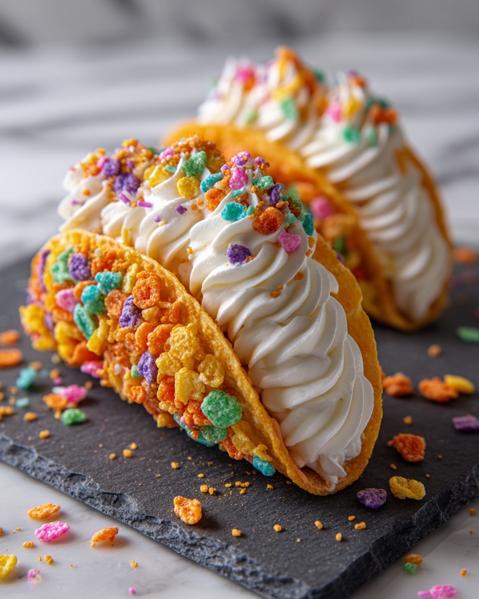 Two taco-shaped desserts sit on a dark slate board over a white marbled surface, each with three main parts: the shell, the filling, and the topping. The shells are bright, multi-colored with clusters of orange, yellow, green, blue, purple, and red crunchy cereal pieces, forming a textured, curved shape. Inside, smooth, creamy white frosting is layered thickly in neat swirls. The top of the frosting is decorated generously with small bright orange, green, blue, yellow, pink, and purple round sprinkles and bits of the same crunchy cereal, adding vibrant pops of color. Some sprinkles and cereal pieces are scattered around the base on the board. photo taken with an iphone --ar 4:5 --v 7