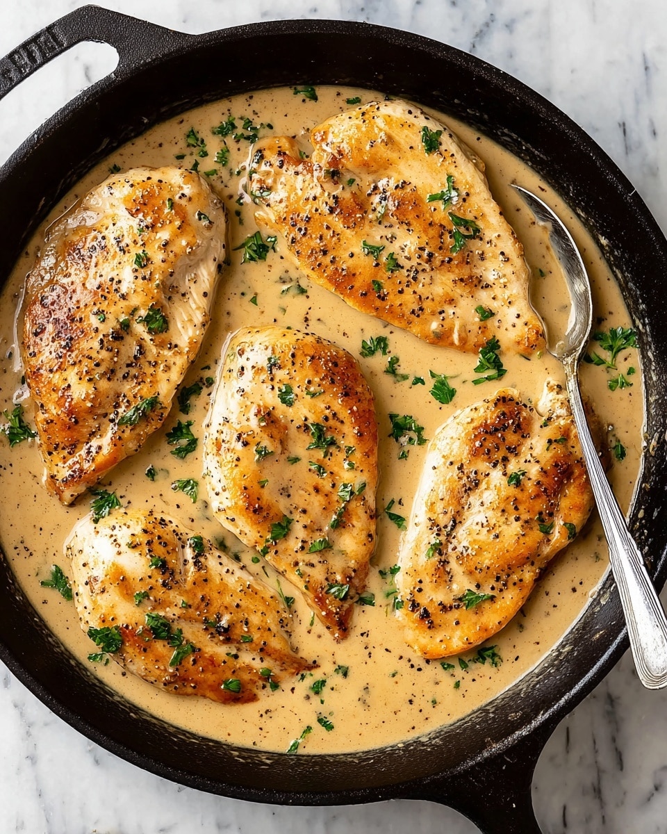 A black cast iron pan contains four browned chicken breasts lying flat in a creamy light tan sauce that fills the pan halfway up the chicken. The chicken breasts are evenly spaced, each showing a seared texture with golden-brown spots and black pepper sprinkled on top. Small green parsley leaves are scattered across the chicken and sauce, adding bright color. A silver spoon rests on the right edge of the pan, slightly submerged in the sauce. The pan is set on a white marbled surface. photo taken with an iphone --ar 4:5 --v 7