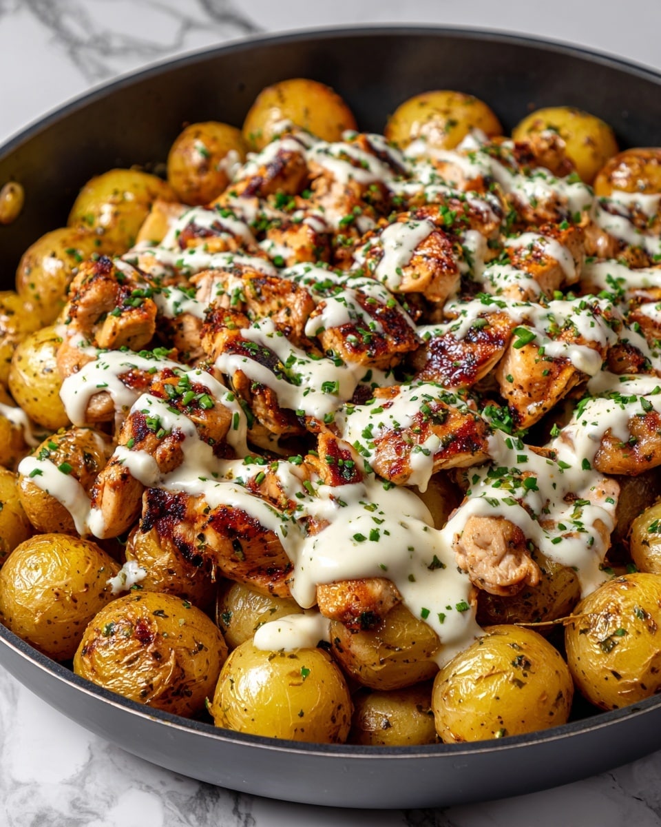 The image shows a close-up view of a cooked dish with two main layers: the bottom layer consists of golden brown roasted potato chunks with visible seasoning and a slight crisp on the edges, and the top layer features grilled chicken pieces with a light brown char and a melted layer of white cheese draped evenly across the chicken, sprinkled with small green herb pieces. The food rests in a pan that has a dark cooking surface with some oil and small bits of seasoning visible around the edges. Photo taken with an iphone --ar 4:5 --v 7