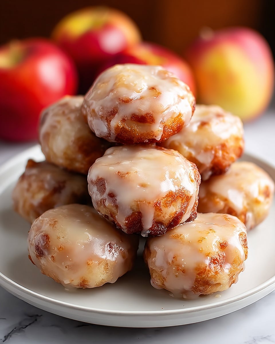 A white plate holds seven small round fritters stacked closely together, each covered with a smooth, glossy light beige glaze that drips slightly down the sides. The fritters are golden brown with a slightly crispy texture, showing bits of darker browned spots. In the background, there are out-of-focus red and yellow apples on a white marbled surface, enhancing the autumn feel of the image. photo taken with an iphone --ar 4:5 --v 7