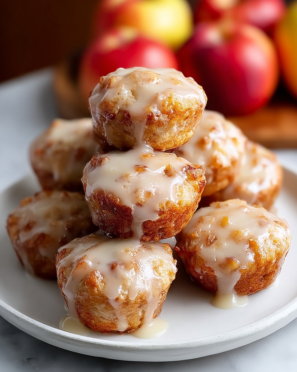 A white plate holds seven small round muffins stacked closely together, each covered with a shiny, thick white glaze that drips slightly down the sides. The muffins are golden brown with a slightly rough texture and visible bits of fruit or nuts inside, giving them a moist and dense look. The background shows blurred red and yellow apples, set on a white marbled surface. The photo has warm lighting that highlights the glaze's shine. photo taken with an iphone --ar 4:5 --v 7