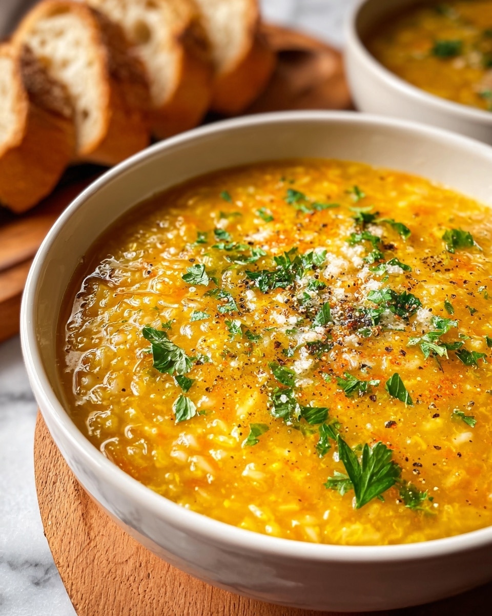 A close-up of a white bowl filled with thick yellow-orange soup with small rice grains visible throughout. The soup has a slightly glossy surface and is topped with scattered green parsley leaves and a sprinkle of black pepper and finely grated white cheese. In the background, there are slices of crusty bread resting on a wooden board, and a wooden spoon lying nearby, all placed on a white marbled surface. photo taken with an iphone --ar 4:5 --v 7