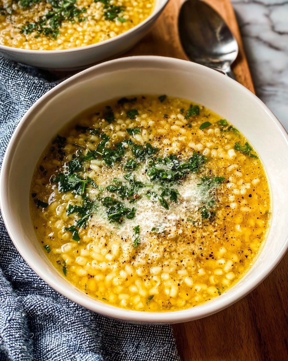 A white bowl filled with a thick yellow soup with small grain-like pasta floating throughout. The soup is topped with finely chopped green herbs, a light sprinkle of grated white cheese, and a few specks of ground black pepper. The bowl is on a wooden surface with a textured blue-gray cloth and a spoon partially visible beside it. Another similar bowl, slightly out of focus, is in the background. The setting rests on a white marbled texture. photo taken with an iphone --ar 4:5 --v 7