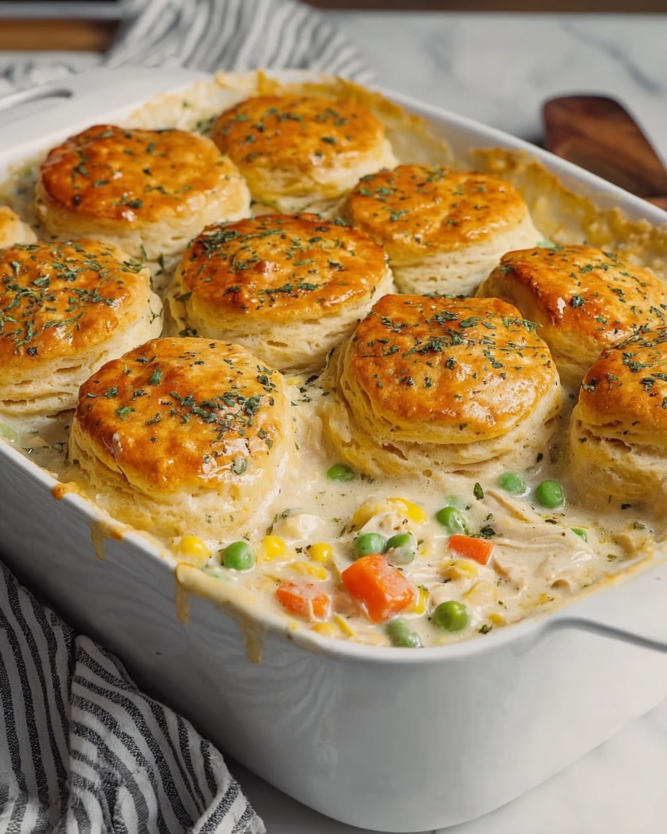 This image shows a white baking dish filled with chicken pot pie topped with seven golden-brown biscuit layers. The biscuits are round, puffed, and flaky with light sprinkling of green herbs on top. Below the biscuits, there is a creamy, thick white sauce mixed with small colorful layers of orange carrot slices, green peas, and yellow corn pieces, along with shredded chicken bits spread evenly. The dish is placed on a white marbled surface with a striped cloth nearby. The photo taken with an iphone --ar 4:5 --v 7