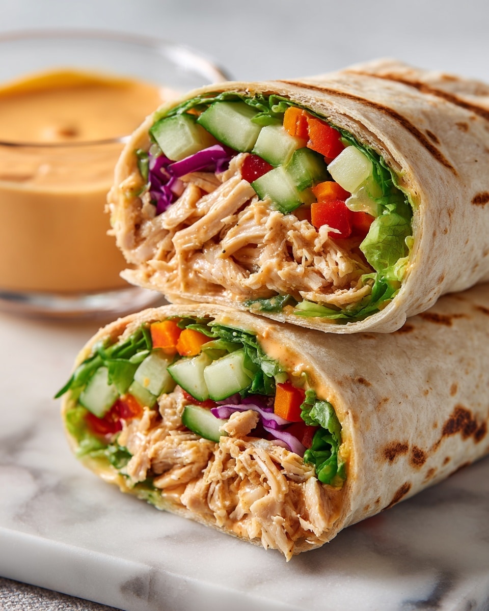 A close-up view of a wrap cut in half and stacked, showing layers inside: the outer layer is a soft, light brown tortilla with grill marks; inside there is a thick layer of creamy, light brown sauce coating tender shredded chicken pieces; on top and around the chicken, there are bright green lettuce leaves, thin slices of cucumber, and small cubes of red and orange bell peppers; scattered among these are thin shreds of purple cabbage and orange carrots adding color and texture. The wrap rests on a white marbled surface with a small glass bowl of creamy orange sauce blurred in the background. photo taken with an iphone --ar 4:5 --v 7