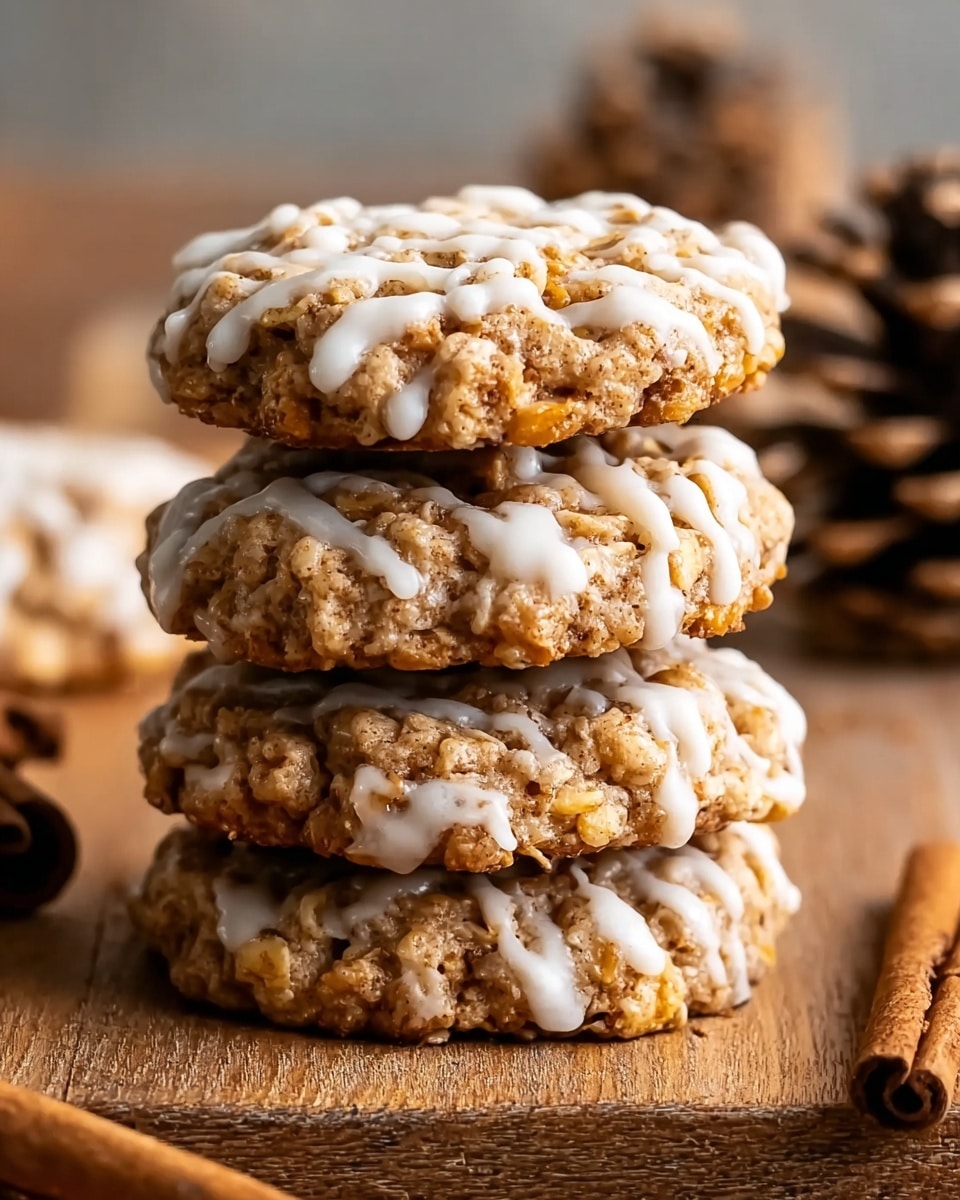 A stack of three round oatmeal cookies with a rough, chunky texture showing visible oats and bits of nuts, each cookie drizzled with thin white icing that runs slightly down the sides; the cookies have a light brown color with golden highlights and are placed on a warm wooden surface with a pinecone and cinnamon sticks nearby, and a white marbled textured background faintly visible. Photo taken with an iphone --ar 4:5 --v 7