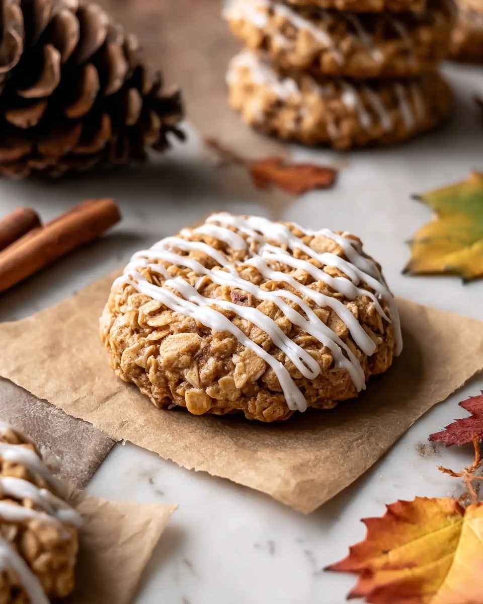 The image shows a single oatmeal cookie on a piece of brown parchment paper placed on a white marbled textured surface. The cookie is round, chunky, and has visible oats throughout its rough, golden-brown surface with small chunks or nuts. It is topped with white icing drizzled in thin, uneven lines across the top from top left to bottom right. Behind the main cookie, there are more cookies stacked on each other in soft focus. Around the cookie, there are autumn-themed decorations including a pine cone, a few brown and yellow leaves, and a stick of cinnamon on the left side. The photo has a warm, cozy autumn feel. Photo taken with an iphone --ar 4:5 --v 7
