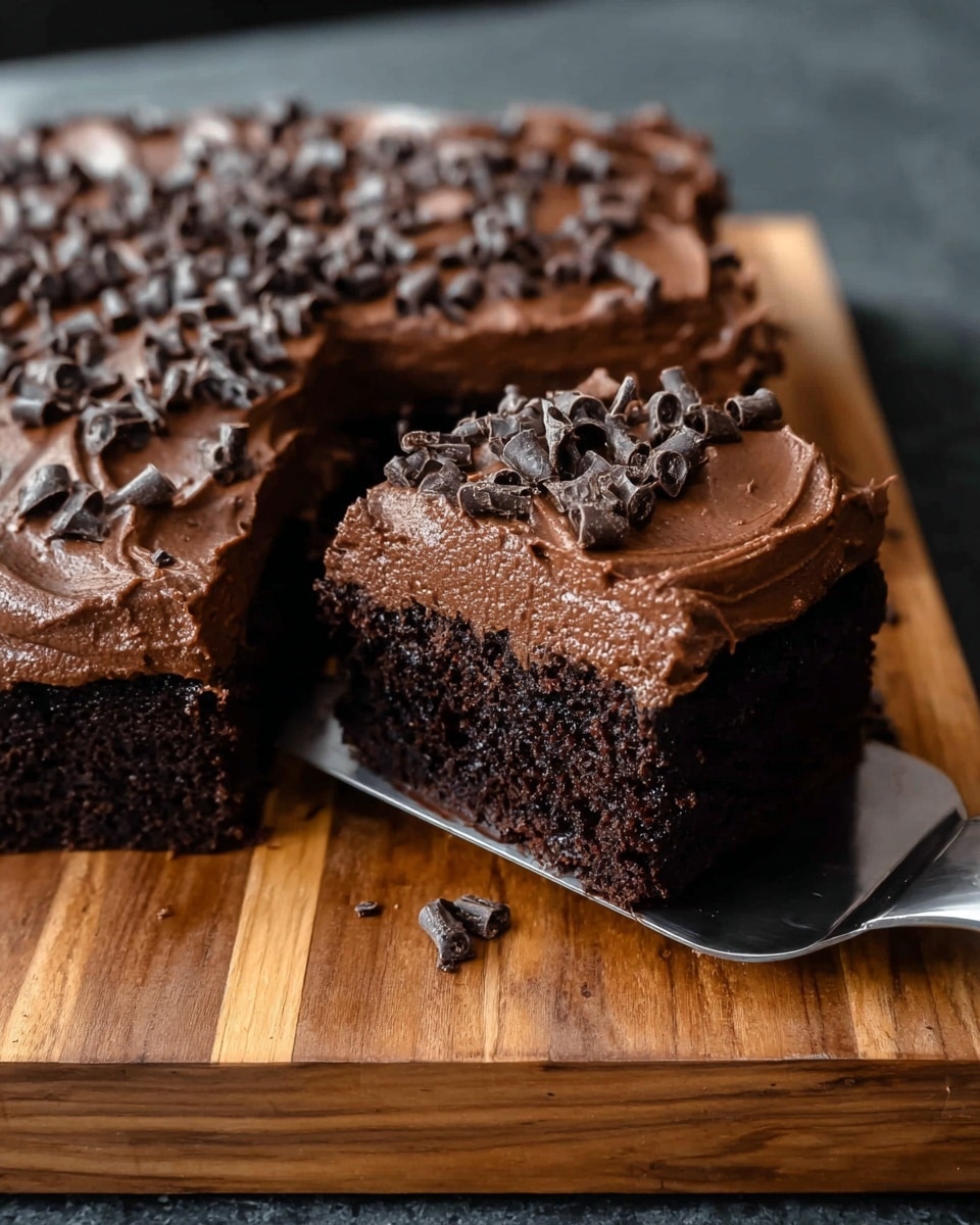 A thick square chocolate cake with two dense, moist layers sits on a wooden board. The cake is fully covered with a thick layer of smooth, creamy chocolate frosting that swirls slightly on top. Small, dark chocolate curls are scattered generously over the frosting. One slice of the cake is being lifted by a metal spatula, showing the rich, fudgy inside of the cake and the even spread of frosting on the top layer. The wooden board has natural light brown and dark brown grains. photo taken with an iphone --ar 4:5 --v 7