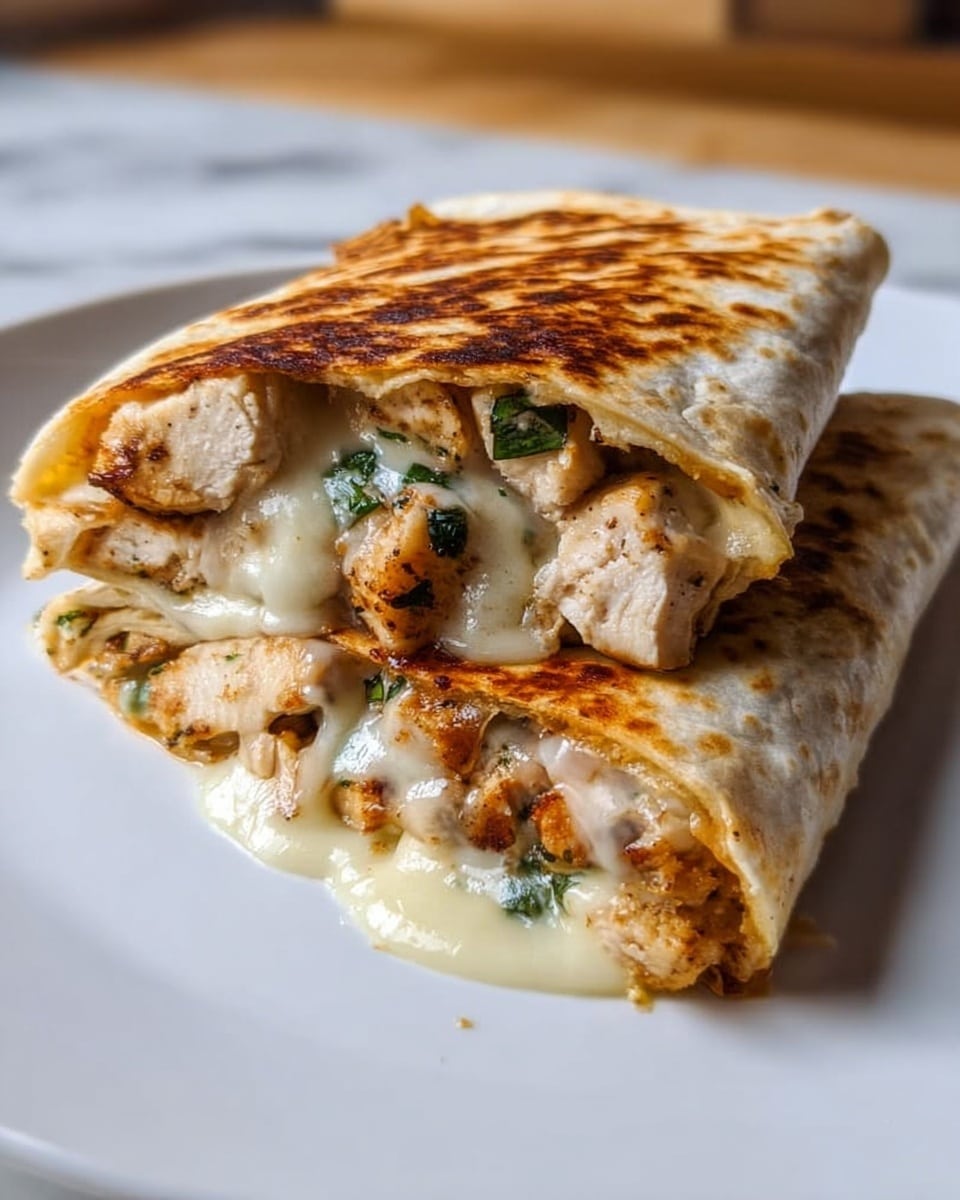 The image shows a quesadilla cut in half on a white plate with a white marbled background. The quesadilla has a golden-brown toasted tortilla folded over two layers: the first layer is grilled chicken pieces with a light brown and slightly charred texture, and the second layer is melted white cheese that is gooey and oozing out, mixing with bits of green herbs inside. The edges of the tortilla are crisp and slightly curled. Photo taken with an iphone --ar 4:5 --v 7