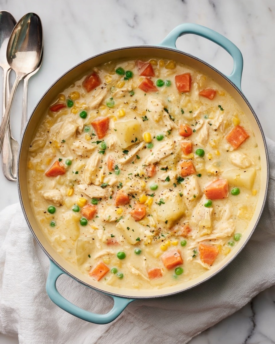A creamy stew is shown in a round light blue pot with two handles, filled with a thick pale yellow sauce mixed with pieces of chicken, orange carrot cubes, green peas, and yellow corn kernels evenly spread throughout. The stew's texture looks smooth and rich, with a few specks of black pepper sprinkled on top. The pot rests on a white marbled surface, set on a white cloth underneath, with a silver spoon and fork placed nearby. photo taken with an iphone --ar 4:5 --v 7